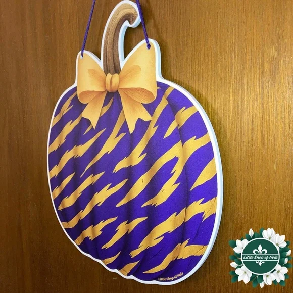 Purple Gold Tiger Stripes Pumpkin Louisiana Wall Art Decor Fall Door Hanger Sign - Picture 9 of 17